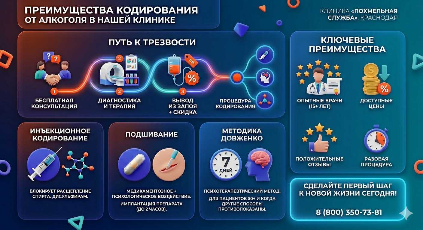 Инфографика о методах кодирования от алкоголя в Верхнем Уфалее: инъекции, подшивание, метод Довженко. Преимущества клиники и этапы лечения.