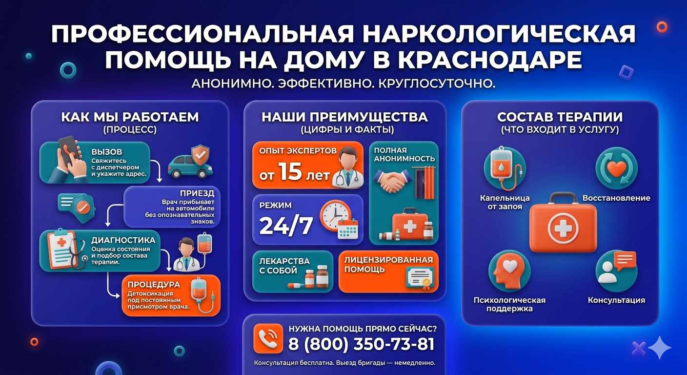 Инфографика о принципах лечения алкоголизма на дому в Верхнем Уфалее: этапы вызова нарколога, преимущества анонимной детоксикации и состав медицинской помощи.